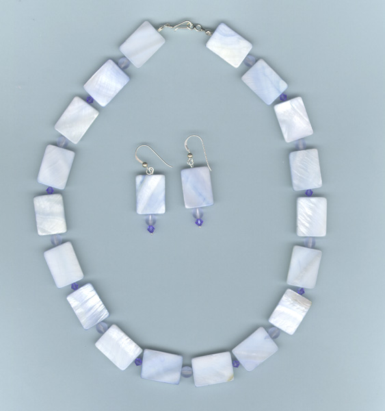 Blue Square Shell, Swarovski Crystal and Beaded Earring and Necklace Set