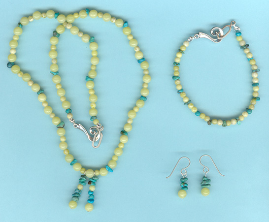 Turquoise and Lime Green Serpentine Earring, Bracelet and Necklace Set